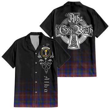 Chisholm Hunting Modern Tartan Short Sleeve Button Up Shirt Featuring Alba Gu Brath Family Crest Celtic Inspired