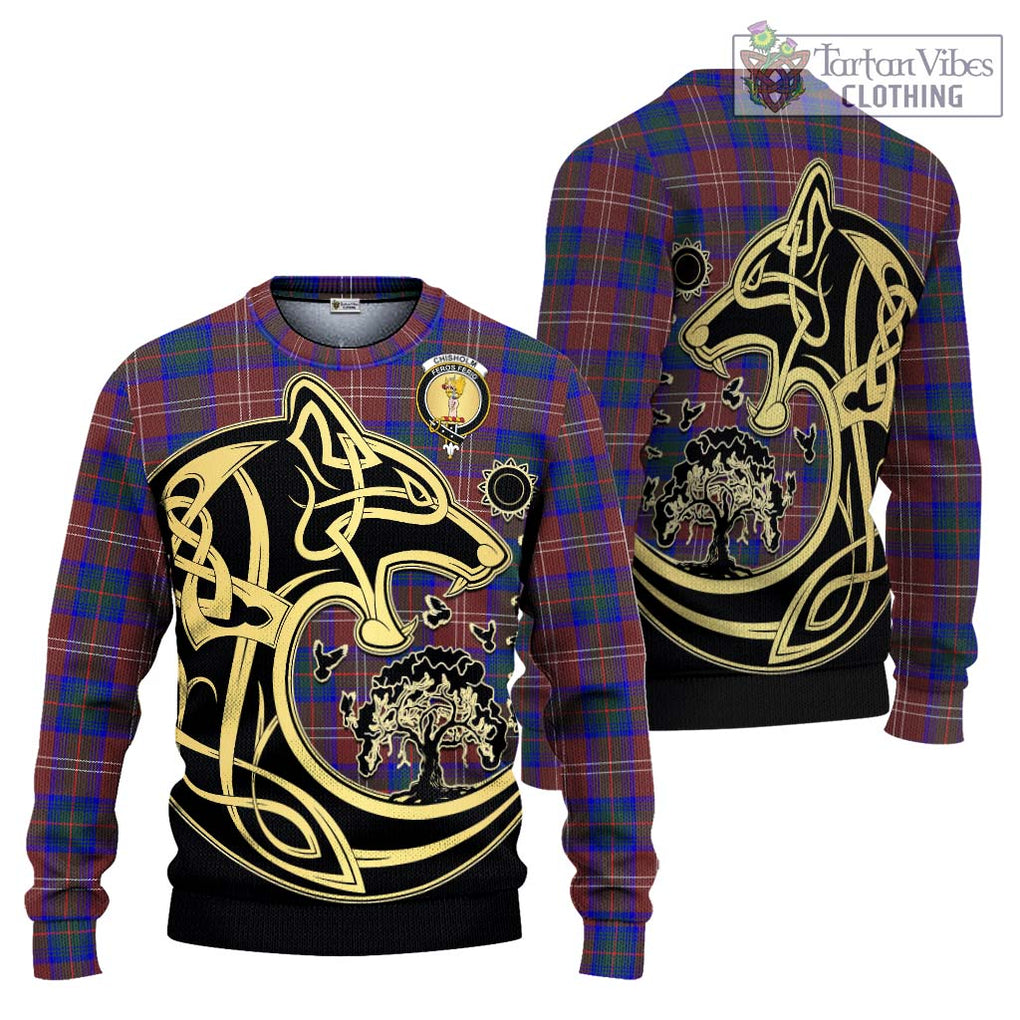 Chisholm Hunting Modern Tartan Knitted Sweater with Family Crest Celtic Wolf Style Unisex - Tartan Vibes Clothing