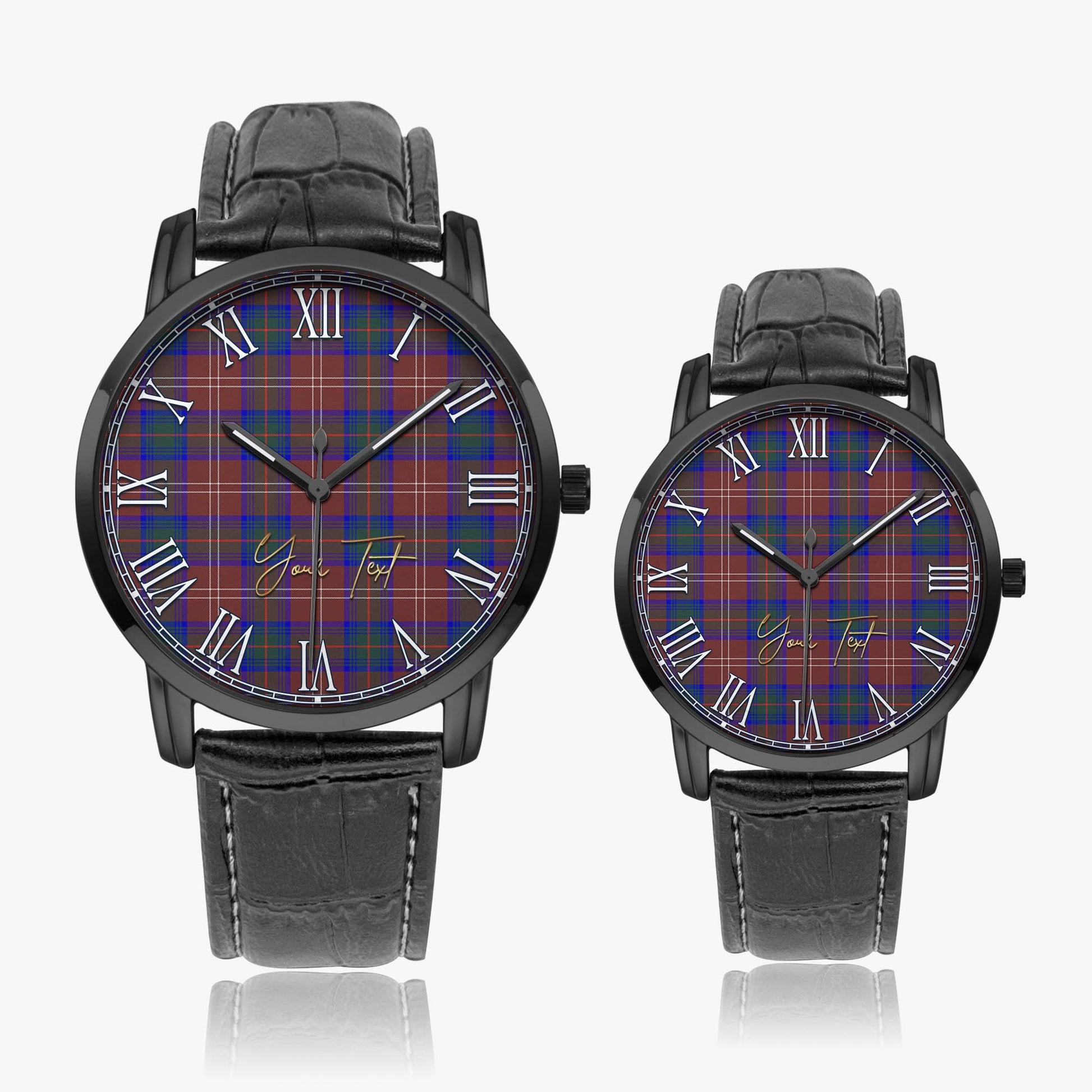 Chisholm Hunting Modern Tartan Personalized Your Text Leather Trap Quartz Watch Wide Type Black Case With Black Leather Strap - Tartanvibesclothing