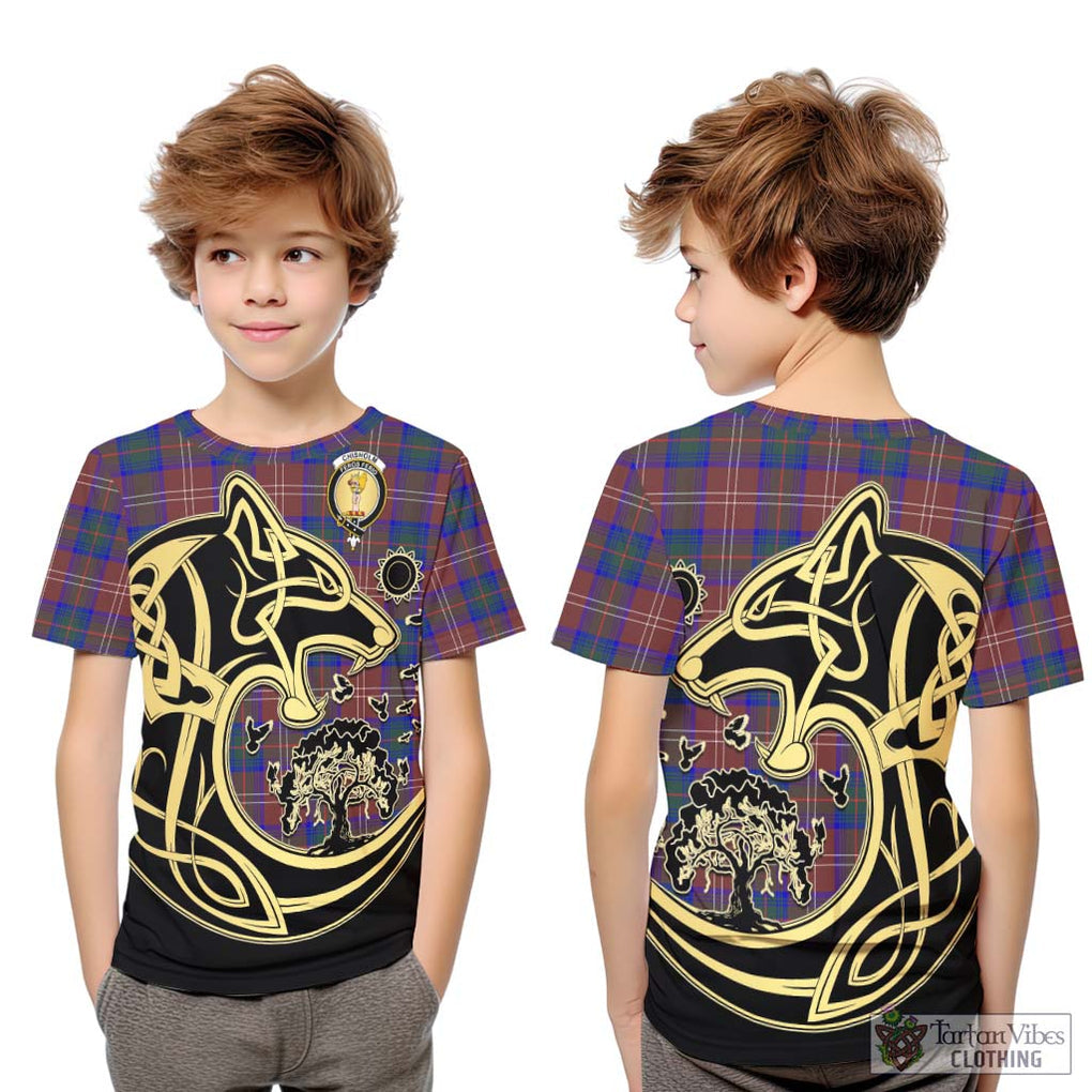 Chisholm Hunting Modern Tartan Kid T-Shirt with Family Crest Celtic Wolf Style Youth XL Size14 - Tartan Vibes Clothing