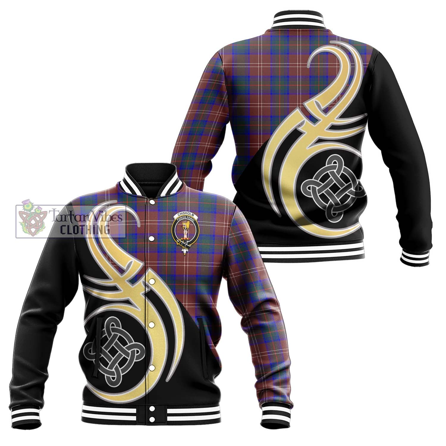 Chisholm Hunting Modern Tartan Baseball Jacket with Family Crest and Celtic Symbol Style Unisex - Tartan Vibes Clothing