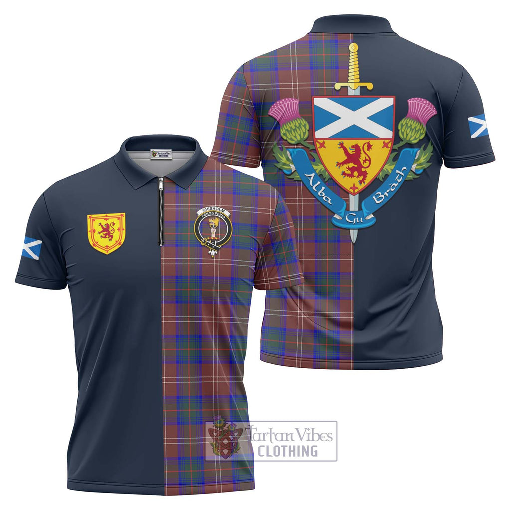 Tartan Vibes Clothing Chisholm Hunting Modern Tartan Zipper Polo Shirt with Scottish Lion Royal Arm Half Style