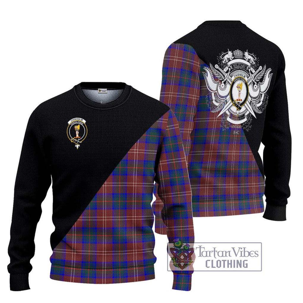 Chisholm Hunting Modern Tartan Knitted Sweater with Family Crest and Military Logo Style Unisex - Tartanvibesclothing Shop