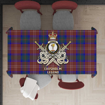 Chisholm Hunting Modern Tartan Tablecloth with Clan Crest and the Golden Sword of Courageous Legacy