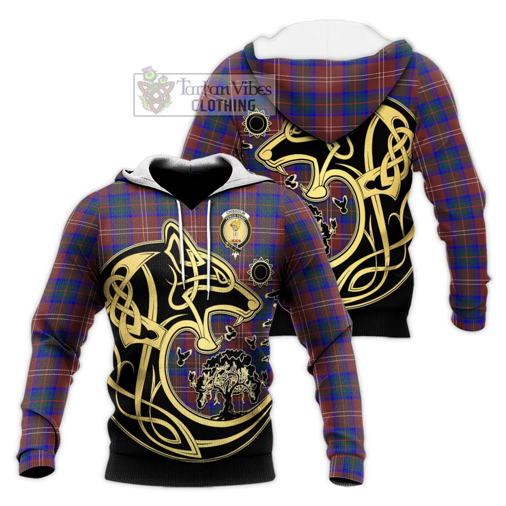 Chisholm Hunting Modern Tartan Knitted Hoodie with Family Crest Celtic Wolf Style Unisex Knitted Pullover Hoodie - Tartan Vibes Clothing