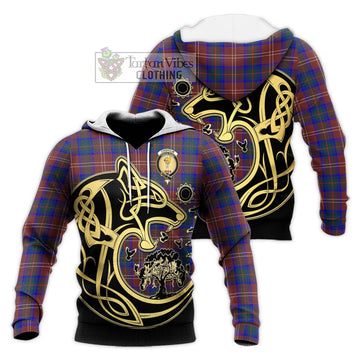 Chisholm Hunting Modern Tartan Knitted Hoodie with Family Crest Celtic Wolf Style