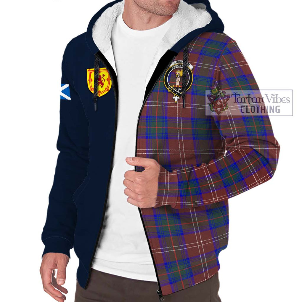 Tartan Vibes Clothing Chisholm Hunting Modern Tartan Sherpa Hoodie with Scottish Lion Royal Arm Half Style