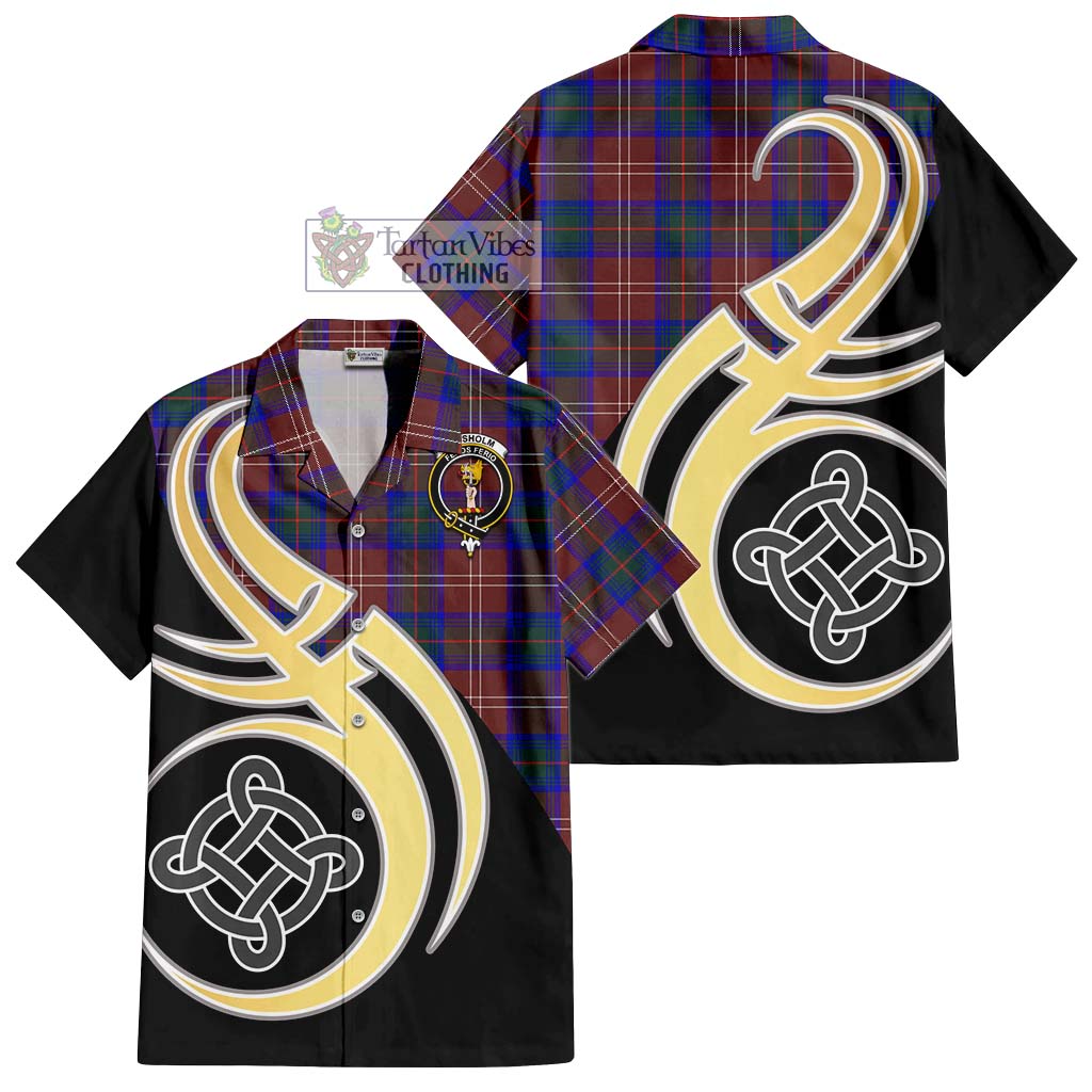 Chisholm Hunting Modern Tartan Short Sleeve Button Shirt with Family Crest and Celtic Symbol Style - Tartan Vibes Clothing