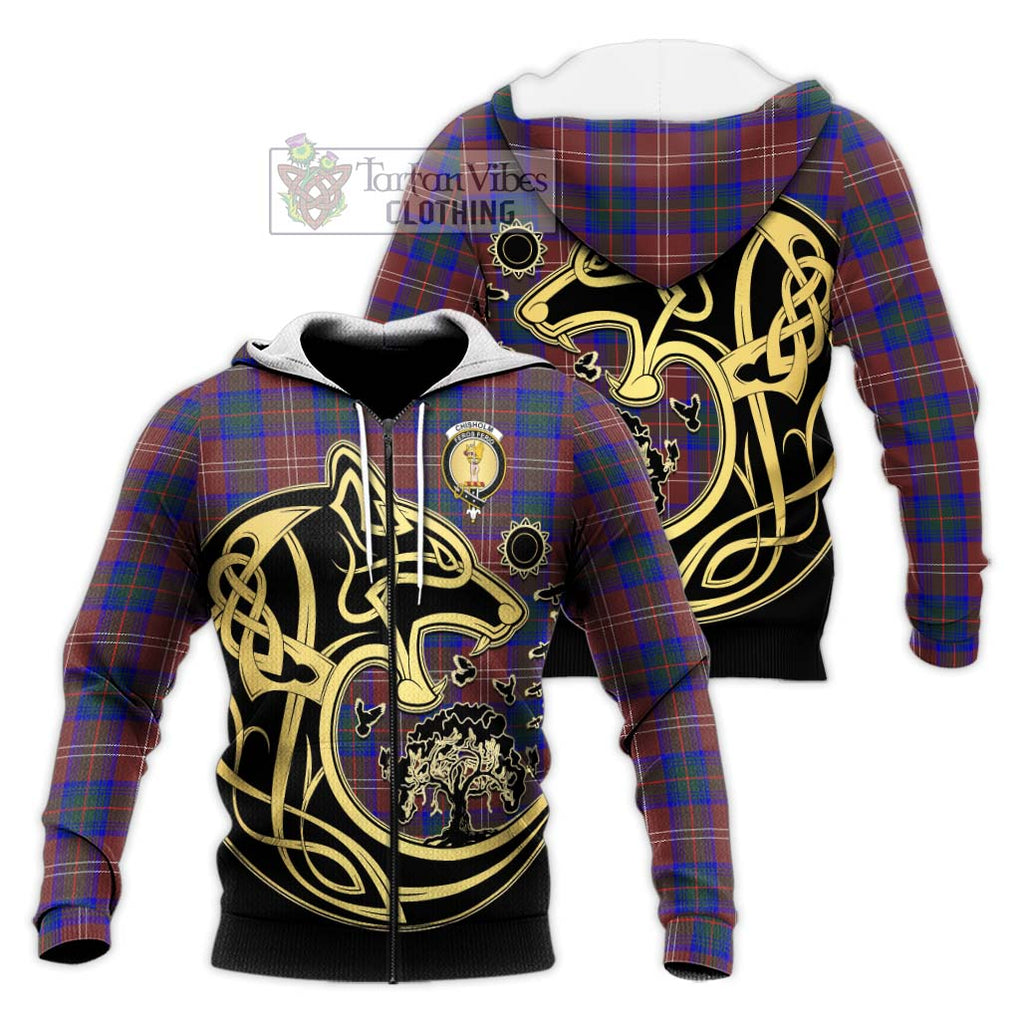 Chisholm Hunting Modern Tartan Knitted Hoodie with Family Crest Celtic Wolf Style Unisex Knitted Zip Hoodie - Tartan Vibes Clothing