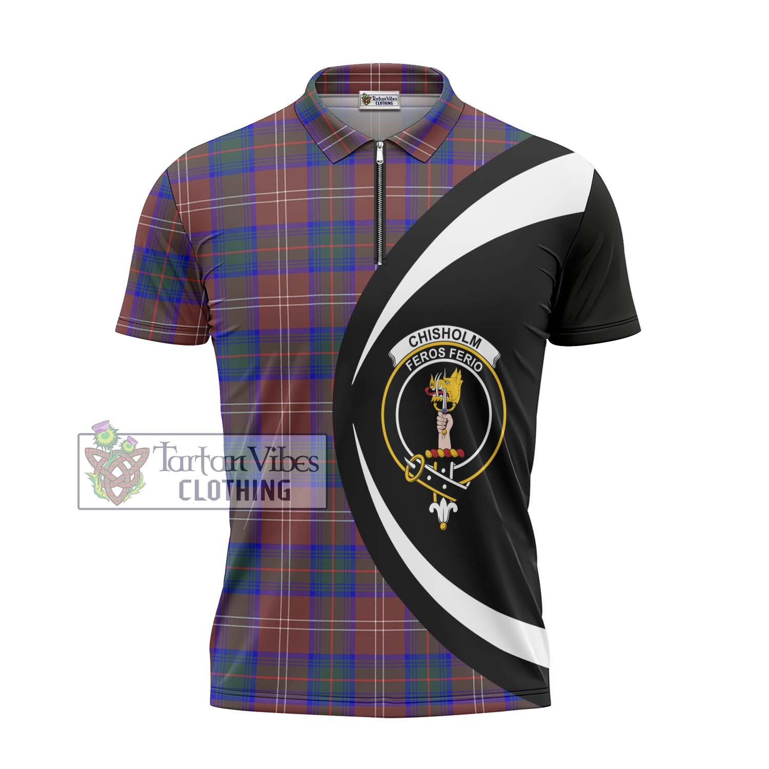 Tartan Vibes Clothing Chisholm Hunting Modern Tartan Zipper Polo Shirt with Family Crest Circle Style