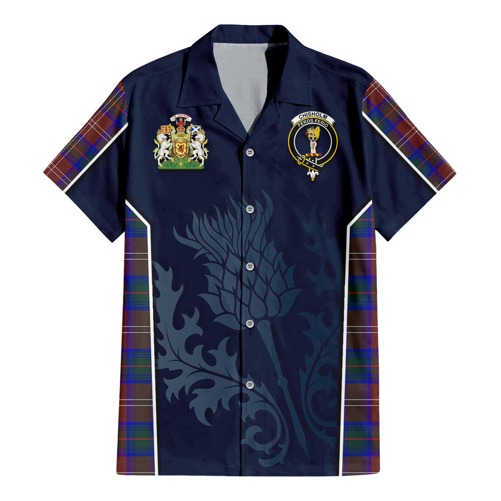 Tartan Vibes Clothing Chisholm Hunting Modern Tartan Short Sleeve Button Up Shirt with Family Crest and Scottish Thistle Vibes Sport Style