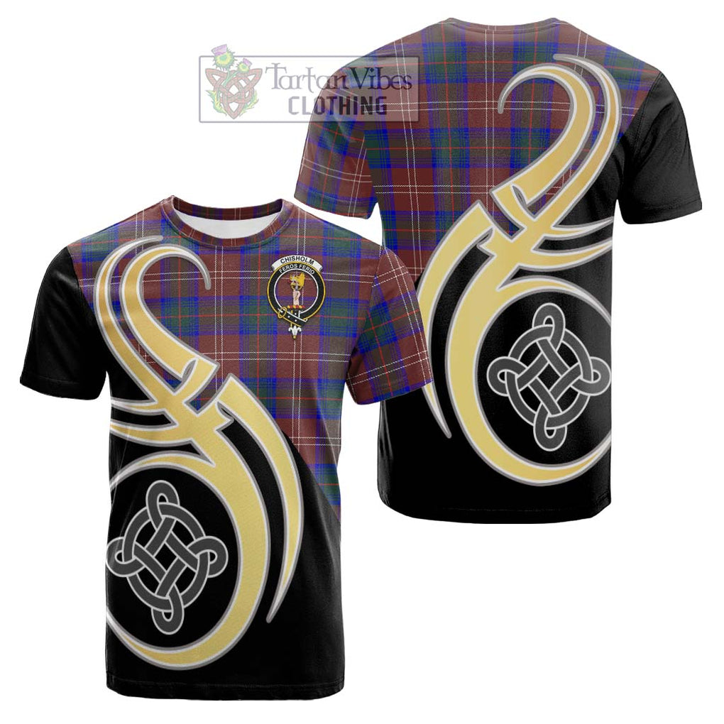 Tartan Vibes Clothing Chisholm Hunting Modern Tartan Cotton T-shirt with Family Crest and Celtic Symbol Style