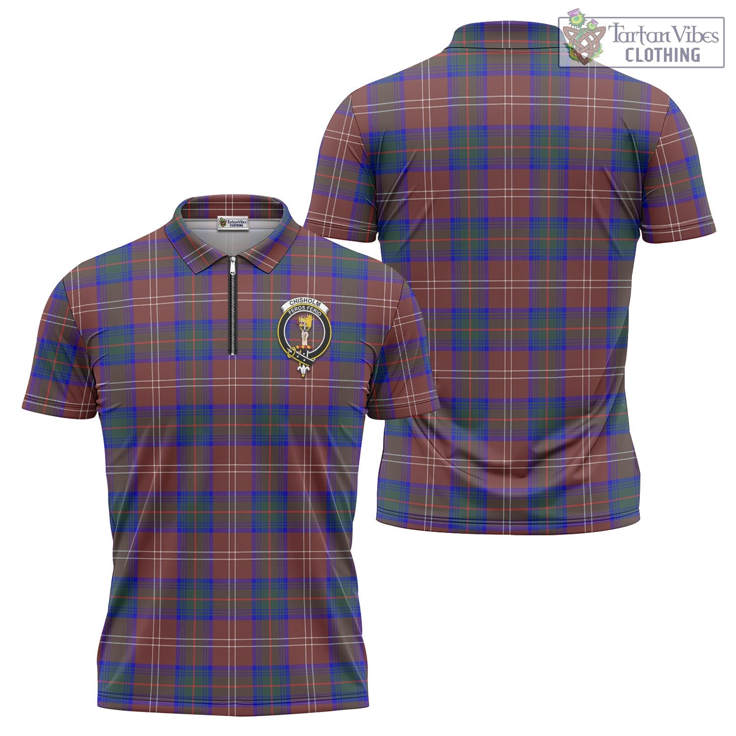 Tartan Vibes Clothing Chisholm Hunting Modern Tartan Zipper Polo Shirt with Family Crest