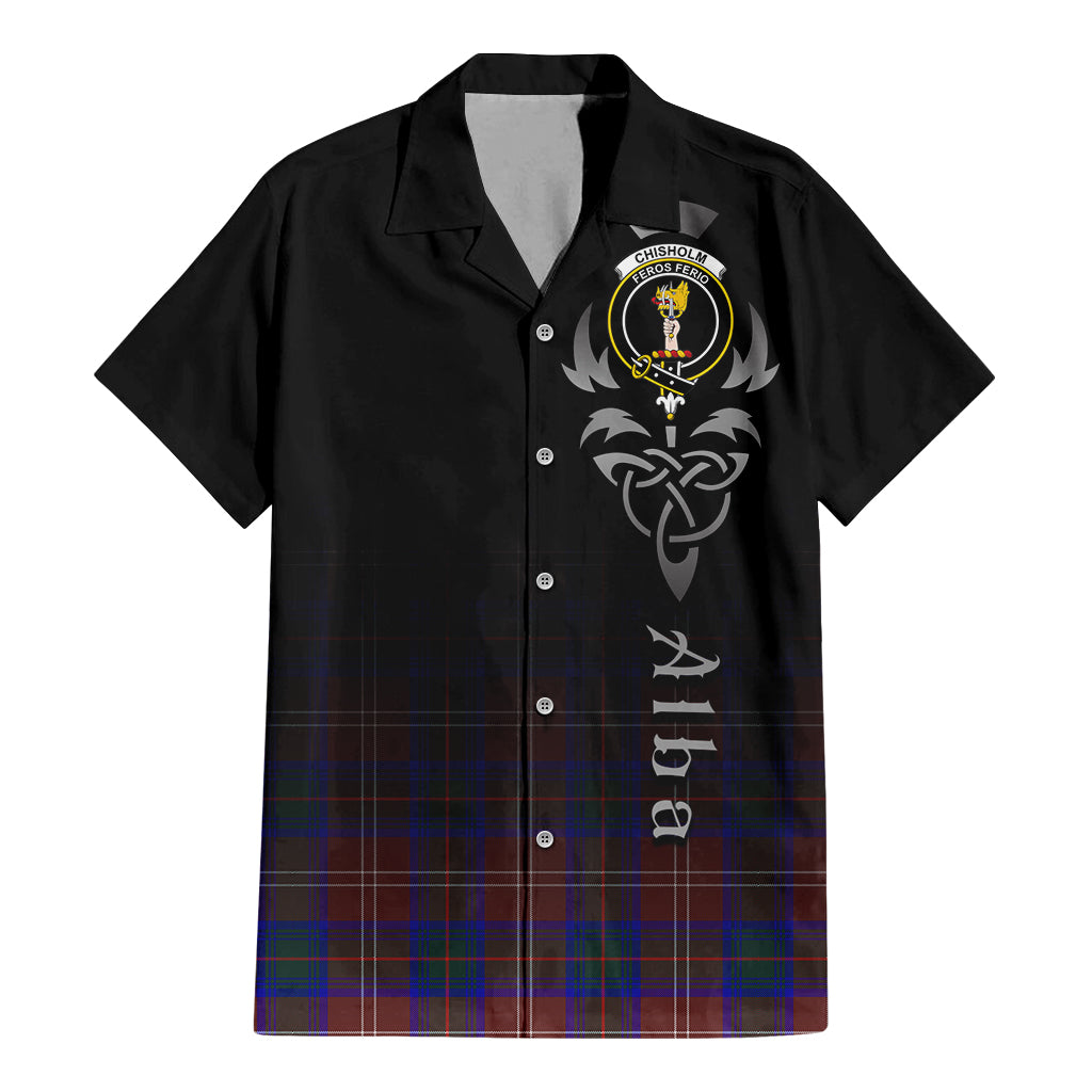 Tartan Vibes Clothing Chisholm Hunting Modern Tartan Short Sleeve Button Up Featuring Alba Gu Brath Family Crest Celtic Inspired