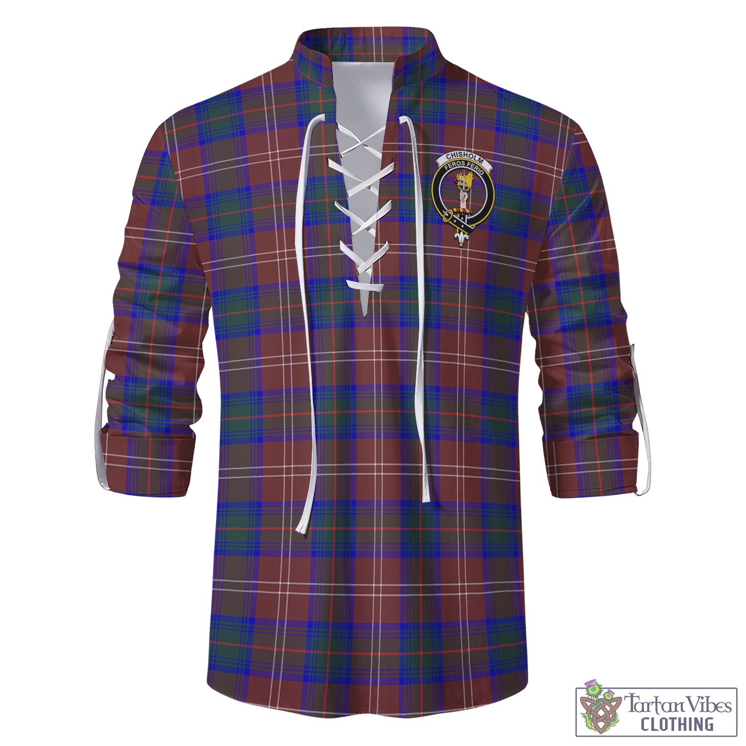 Tartan Vibes Clothing Chisholm Hunting Modern Tartan Men's Scottish Traditional Jacobite Ghillie Kilt Shirt with Family Crest