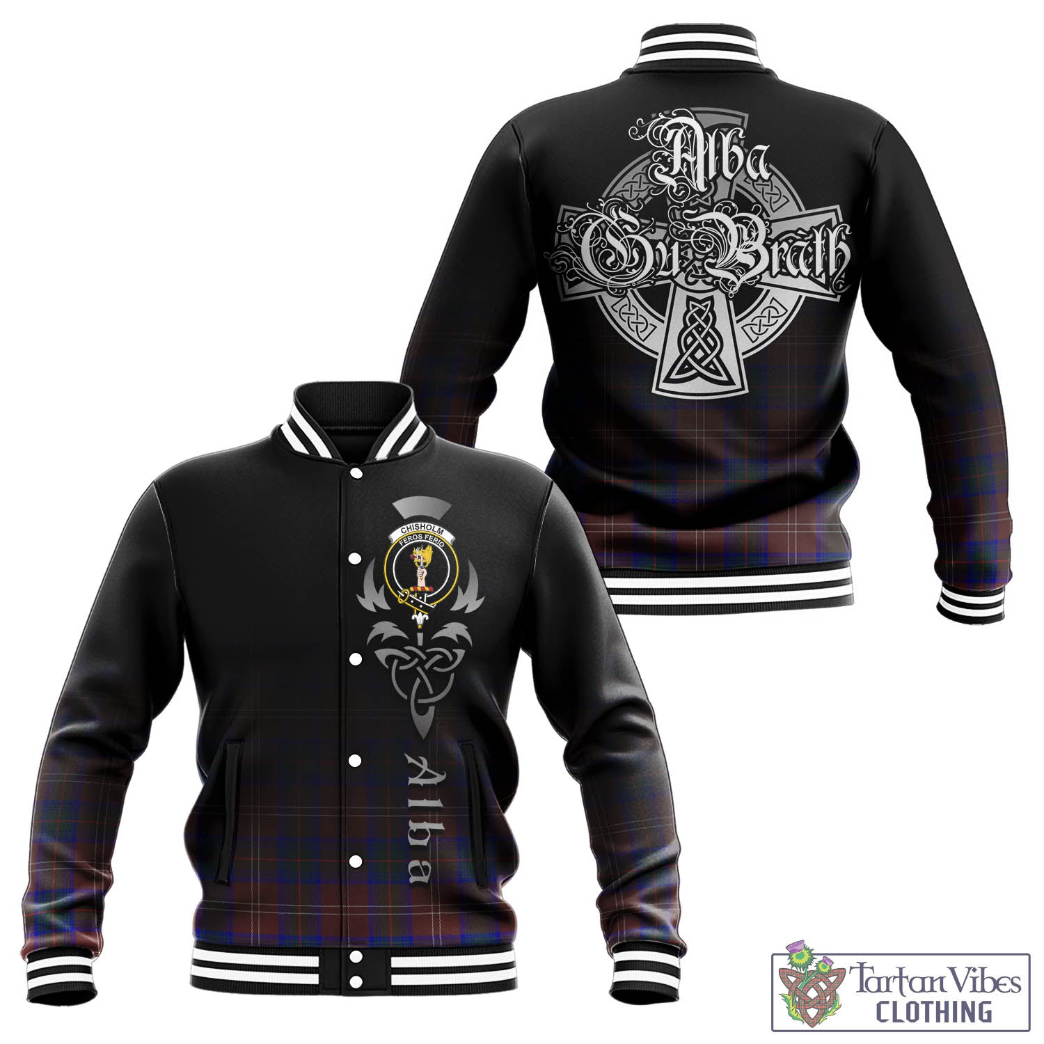 Tartan Vibes Clothing Chisholm Hunting Modern Tartan Baseball Jacket Featuring Alba Gu Brath Family Crest Celtic Inspired