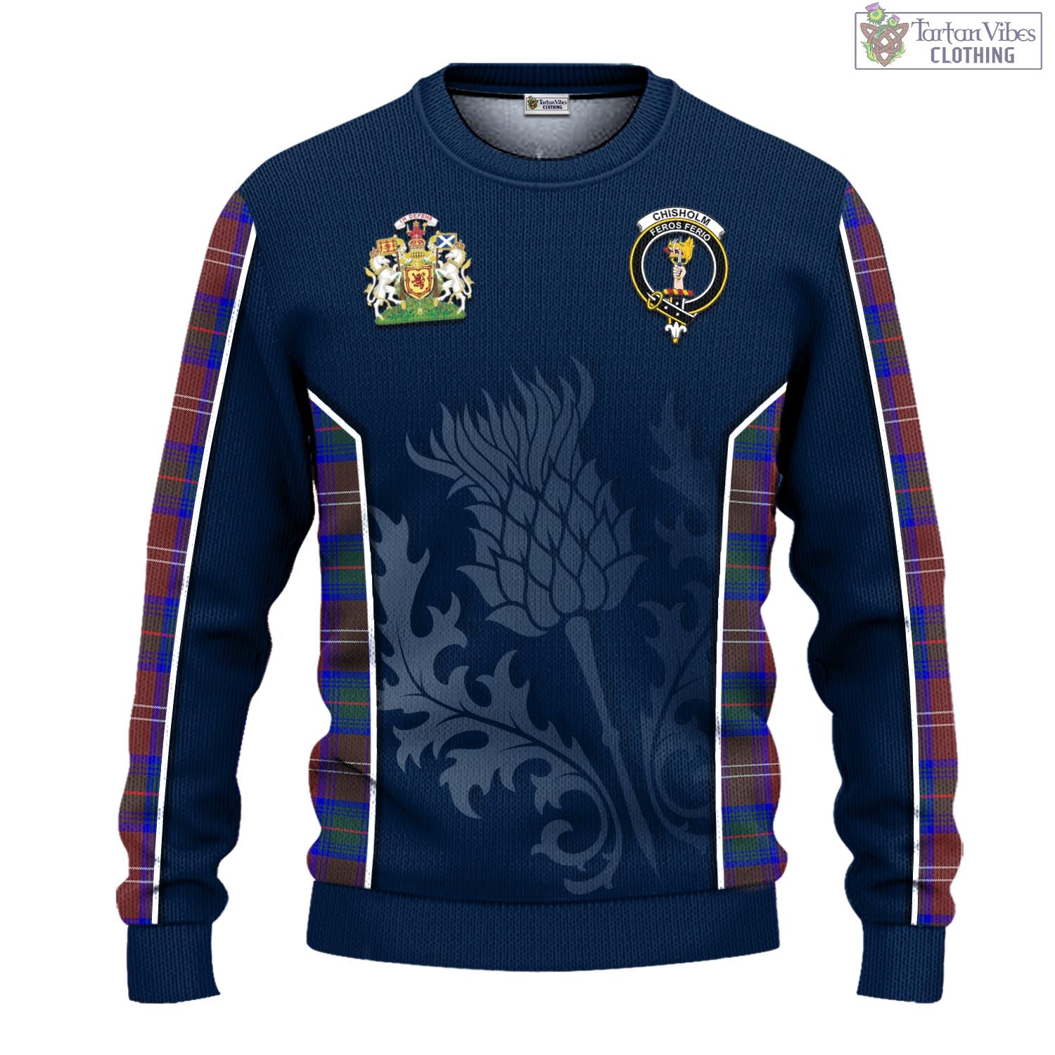 Tartan Vibes Clothing Chisholm Hunting Modern Tartan Knitted Sweatshirt with Family Crest and Scottish Thistle Vibes Sport Style