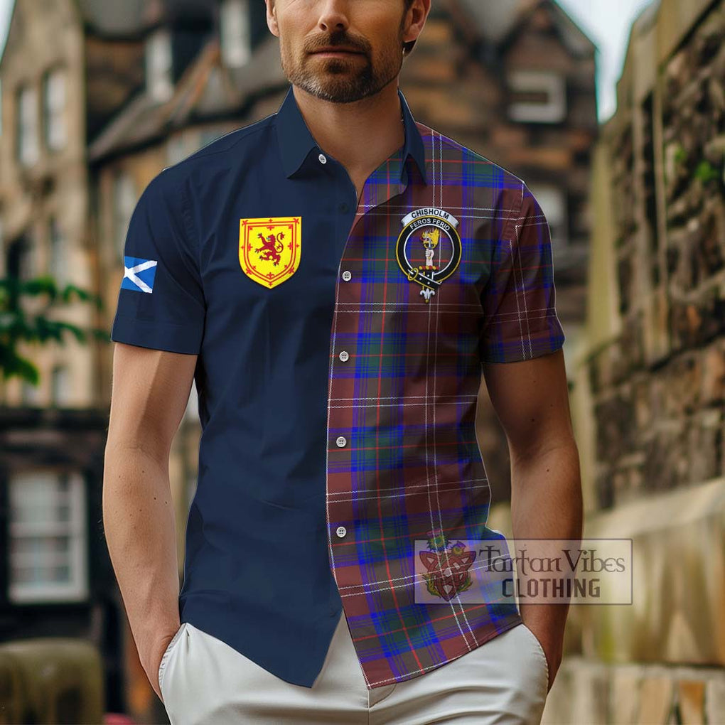 Tartan Vibes Clothing Chisholm Hunting Modern Tartan Short Sleeve Button Shirt with Scottish Lion Royal Arm Half Style