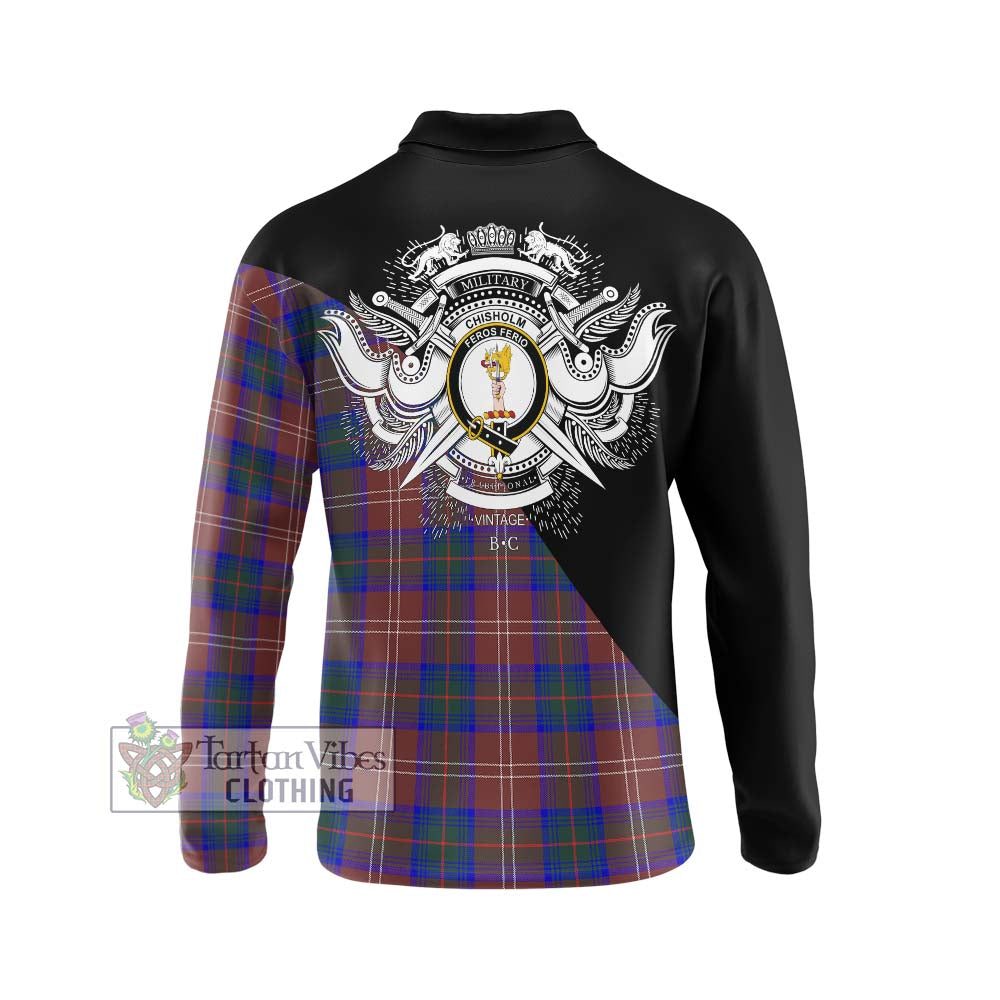 Chisholm Hunting Modern Tartan Long Sleeve Polo Shirt with Family Crest and Military Logo Style - Tartanvibesclothing Shop