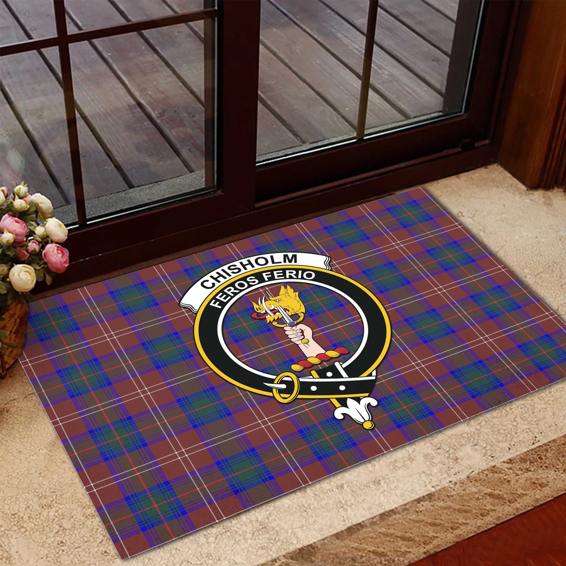 Chisholm Hunting Modern Tartan Door Mat with Family Crest - Tartanvibesclothing