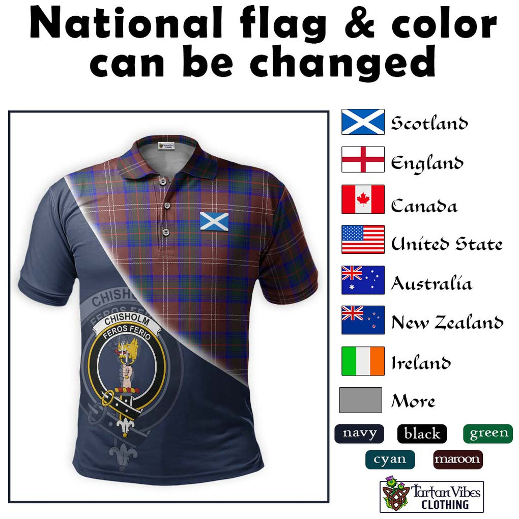 Chisholm Hunting Modern Tartan Polo Shirt with Personalised National Flag and Family Crest Half Style - Tartanvibesclothing Shop