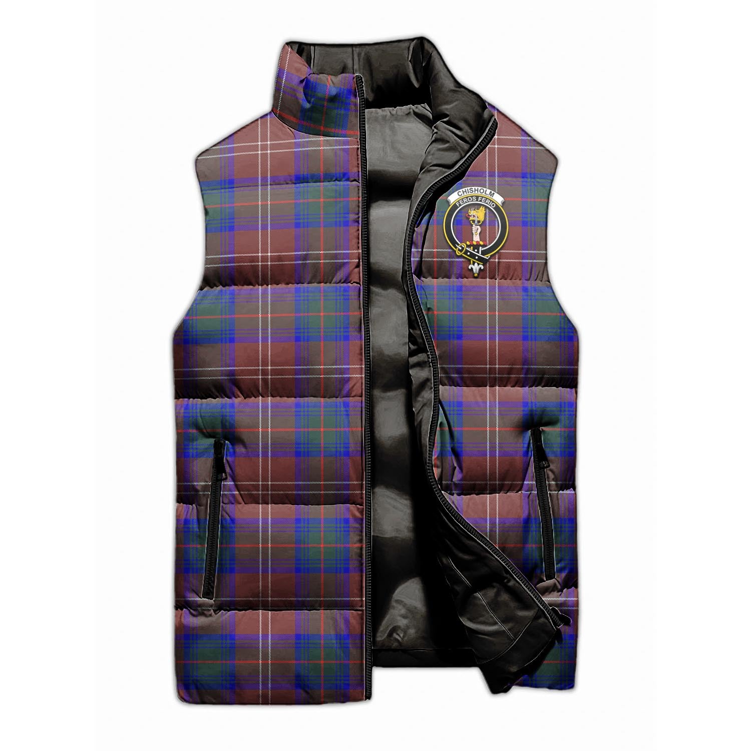 Chisholm Hunting Modern Tartan Sleeveless Puffer Jacket with Family Crest - Tartanvibesclothing