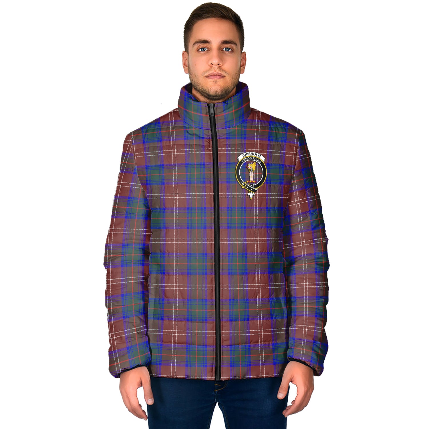 Chisholm Hunting Modern Tartan Padded Jacket with Family Crest - Tartan Vibes Clothing