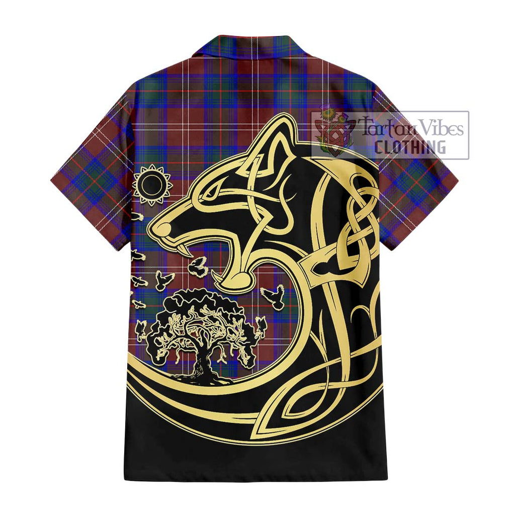 Chisholm Hunting Modern Tartan Short Sleeve Button Shirt with Family Crest Celtic Wolf Style - Tartan Vibes Clothing