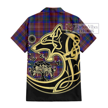 Chisholm Hunting Modern Tartan Short Sleeve Button Shirt with Family Crest Celtic Wolf Style