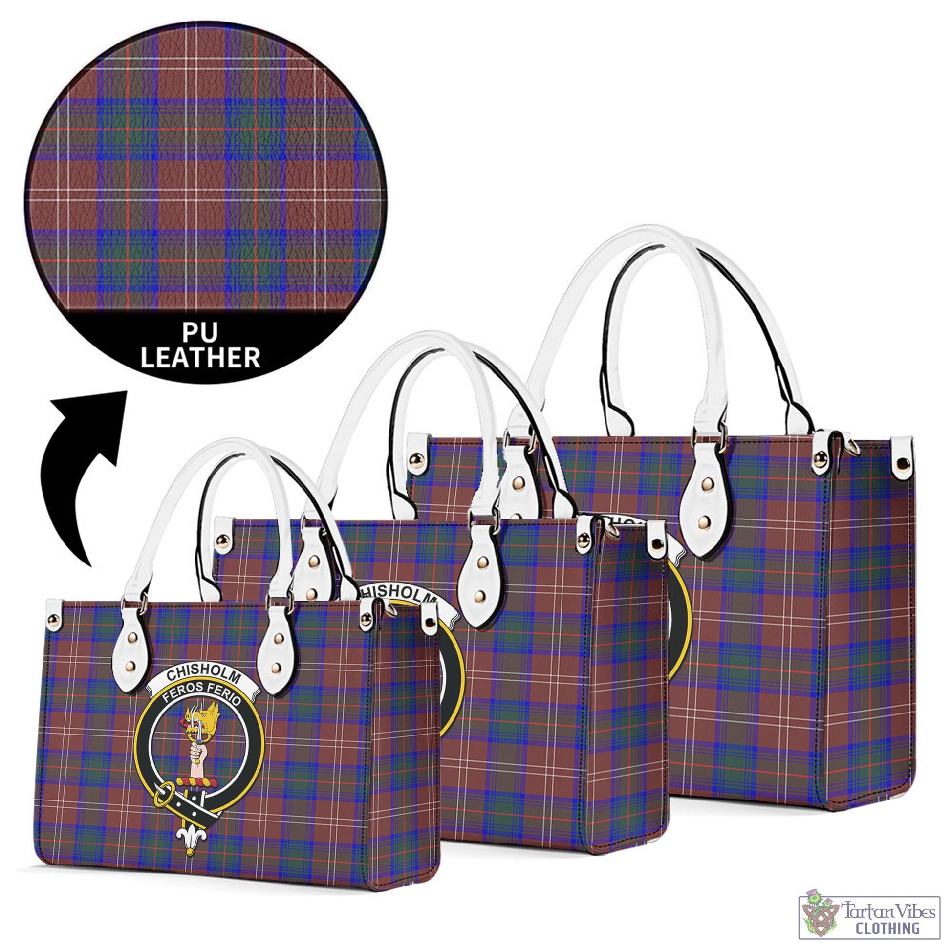 Tartan Vibes Clothing Chisholm Hunting Modern Tartan Luxury Leather Handbags with Family Crest