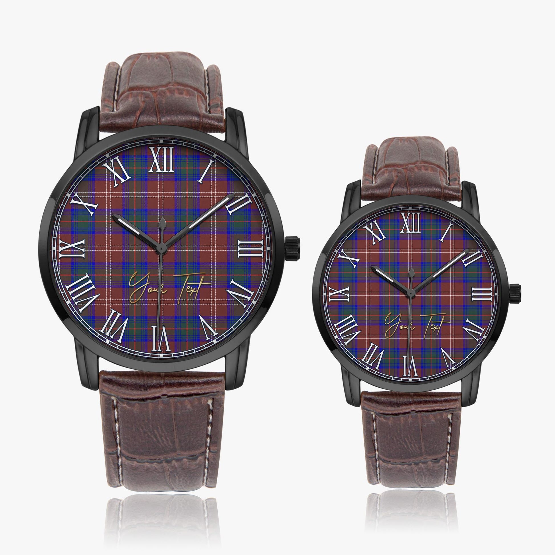 Chisholm Hunting Modern Tartan Personalized Your Text Leather Trap Quartz Watch Wide Type Black Case With Brown Leather Strap - Tartanvibesclothing