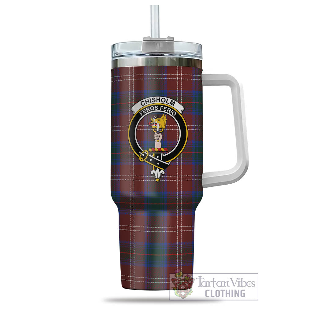 Tartan Vibes Clothing Chisholm Hunting Modern Tartan and Family Crest Tumbler with Handle