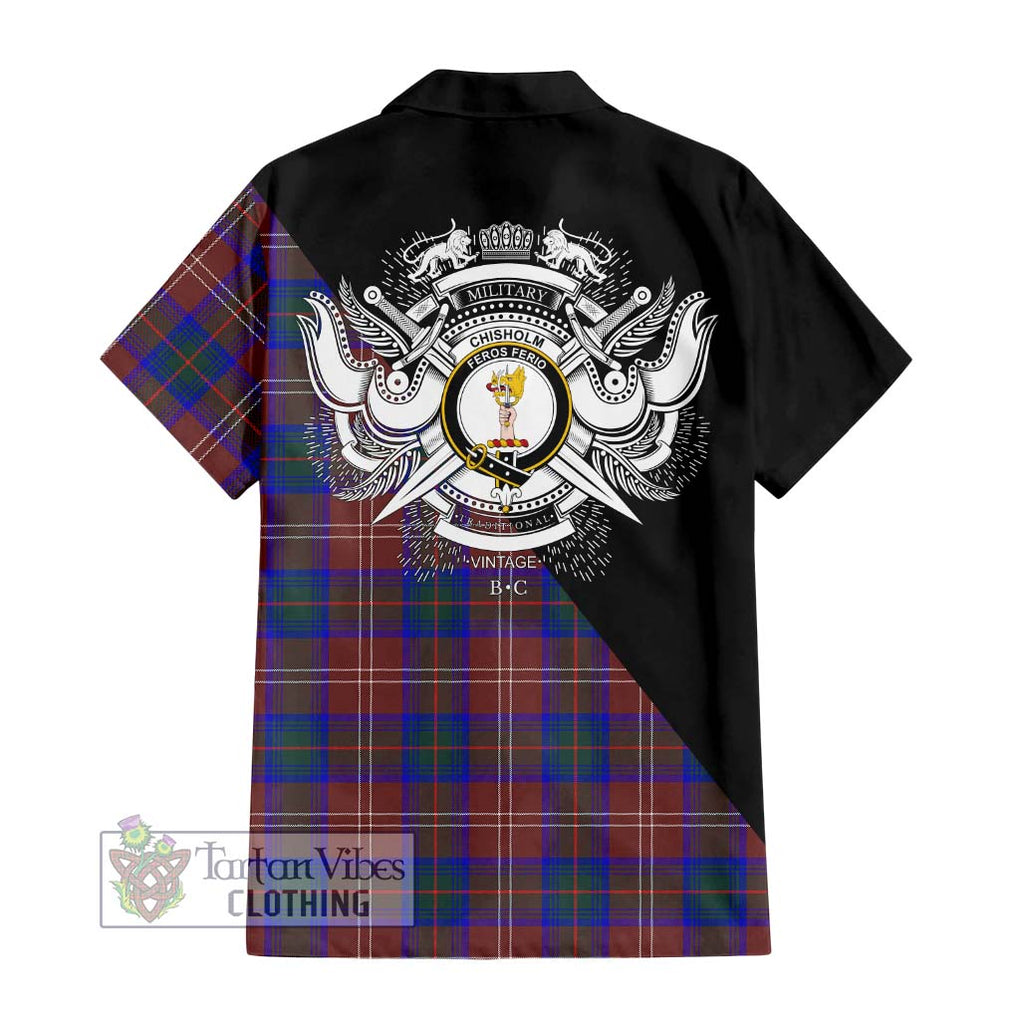 Chisholm Hunting Modern Tartan Short Sleeve Button Shirt with Family Crest and Military Logo Style - Tartanvibesclothing Shop