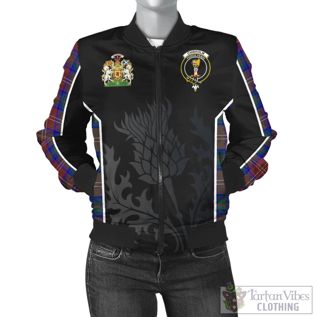 Tartan Vibes Clothing Chisholm Hunting Modern Tartan Bomber Jacket with Family Crest and Scottish Thistle Vibes Sport Style