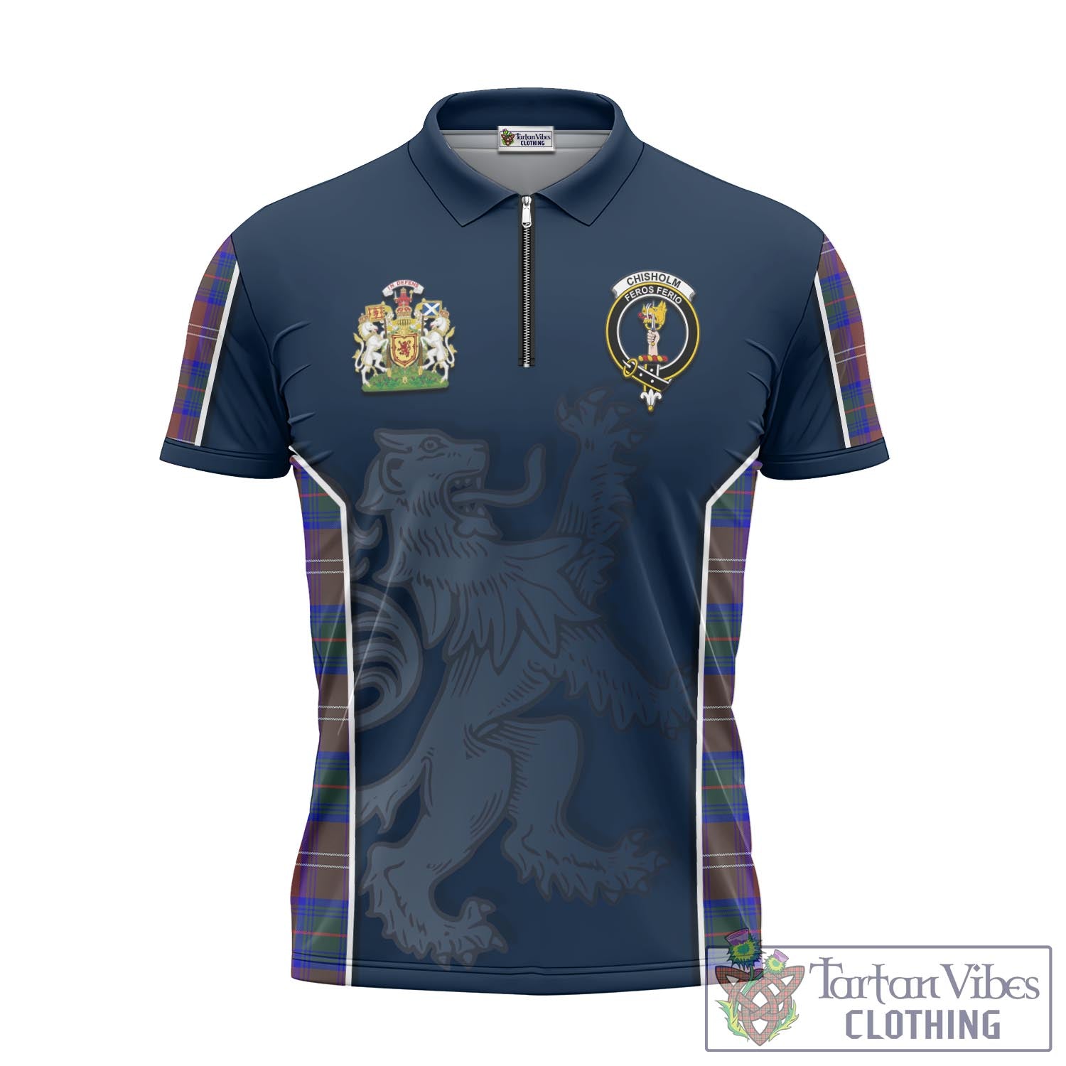 Tartan Vibes Clothing Chisholm Hunting Modern Tartan Zipper Polo Shirt with Family Crest and Lion Rampant Vibes Sport Style