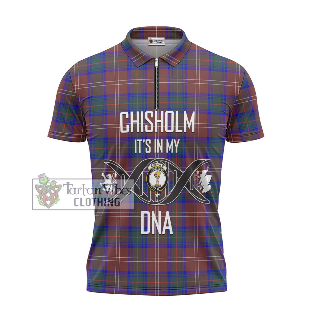 Chisholm Hunting Modern Tartan Zipper Polo Shirt with Family Crest DNA In Me Style - Tartanvibesclothing Shop