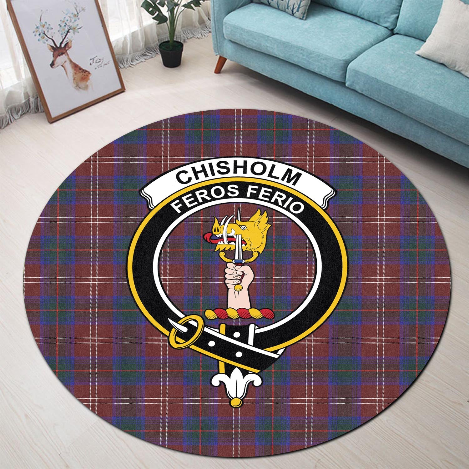 Chisholm Hunting Modern Tartan Round Rug with Family Crest - Tartanvibesclothing