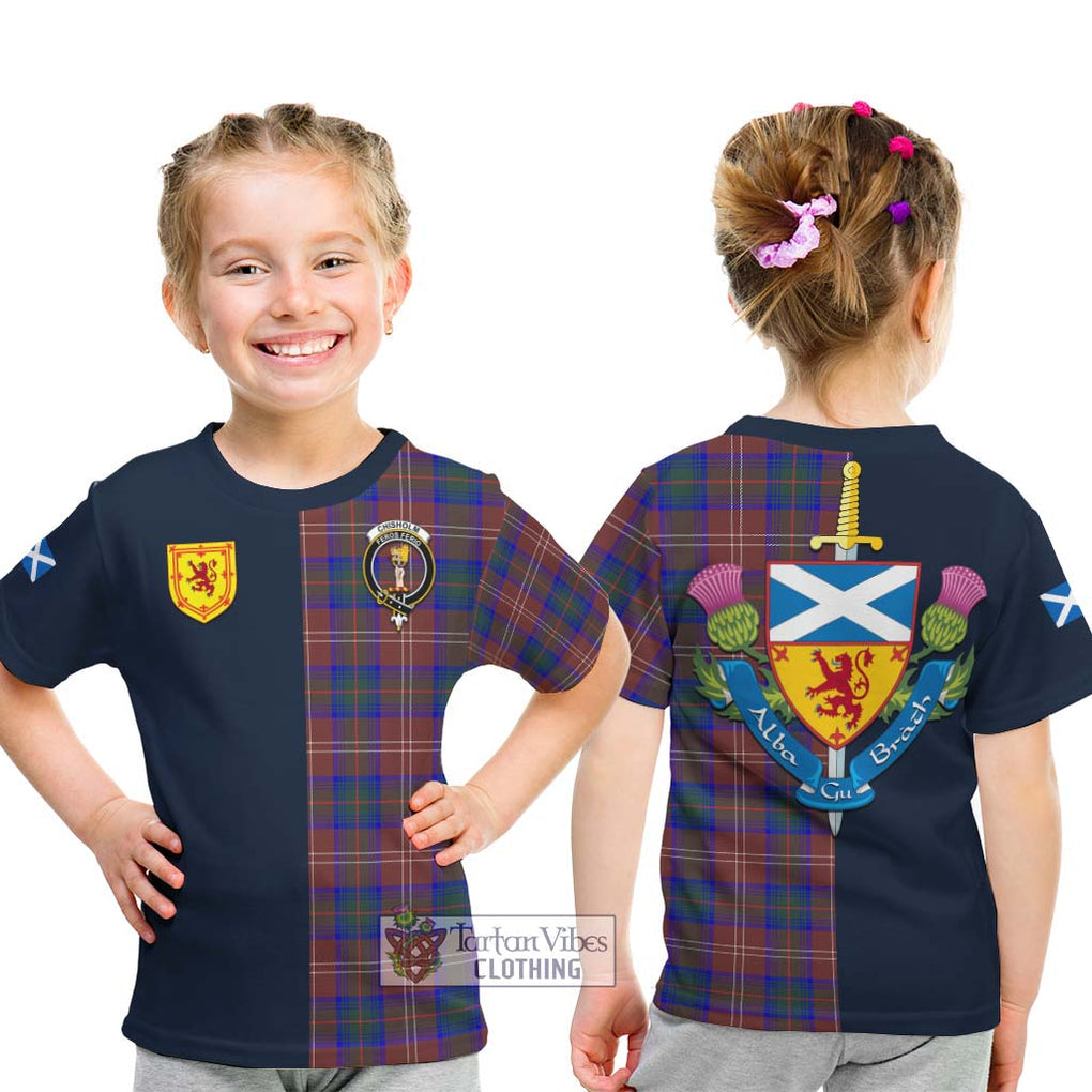 Tartan Vibes Clothing Chisholm Hunting Modern Tartan Kid T-Shirt with Scottish Lion Royal Arm Half Style