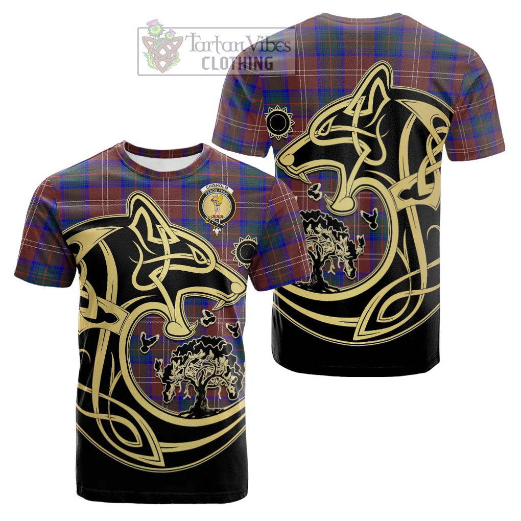 Tartan Vibes Clothing Chisholm Hunting Modern Tartan Cotton T-shirt with Family Crest Celtic Wolf Style