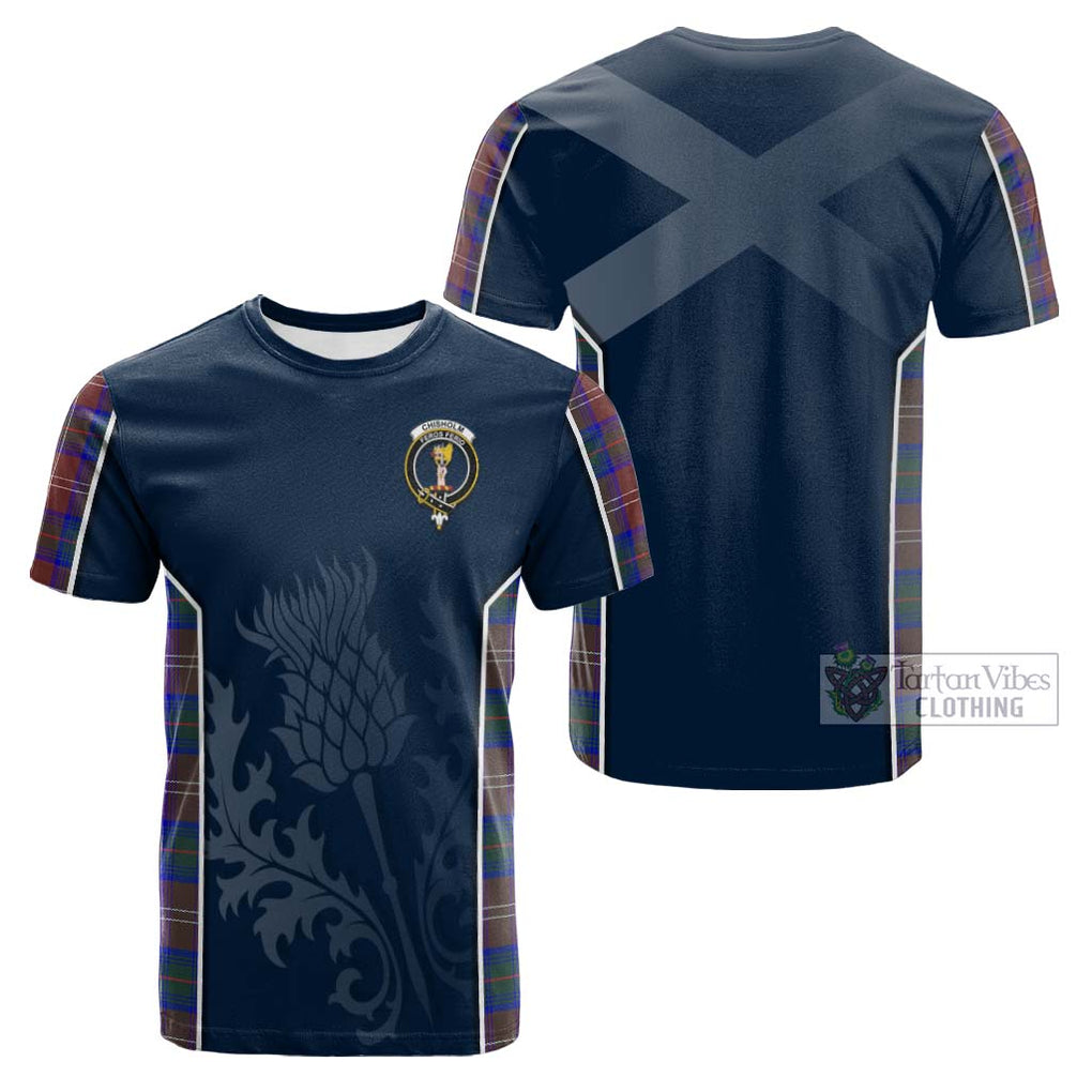 Tartan Vibes Clothing Chisholm Hunting Modern Tartan Cotton T-shirt with Family Crest and Scottish Thistle Vibes Sport Style