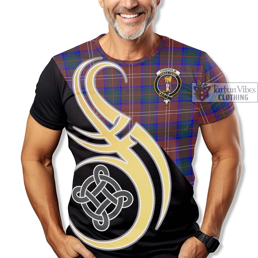 Tartan Vibes Clothing Chisholm Hunting Modern Tartan T-Shirt with Family Crest and Celtic Symbol Style