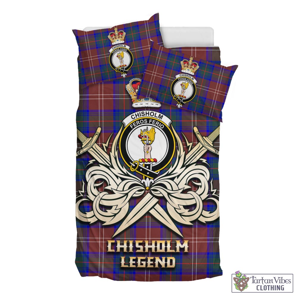 Tartan Vibes Clothing Chisholm Hunting Modern Tartan Bedding Set with Clan Crest and the Golden Sword of Courageous Legacy