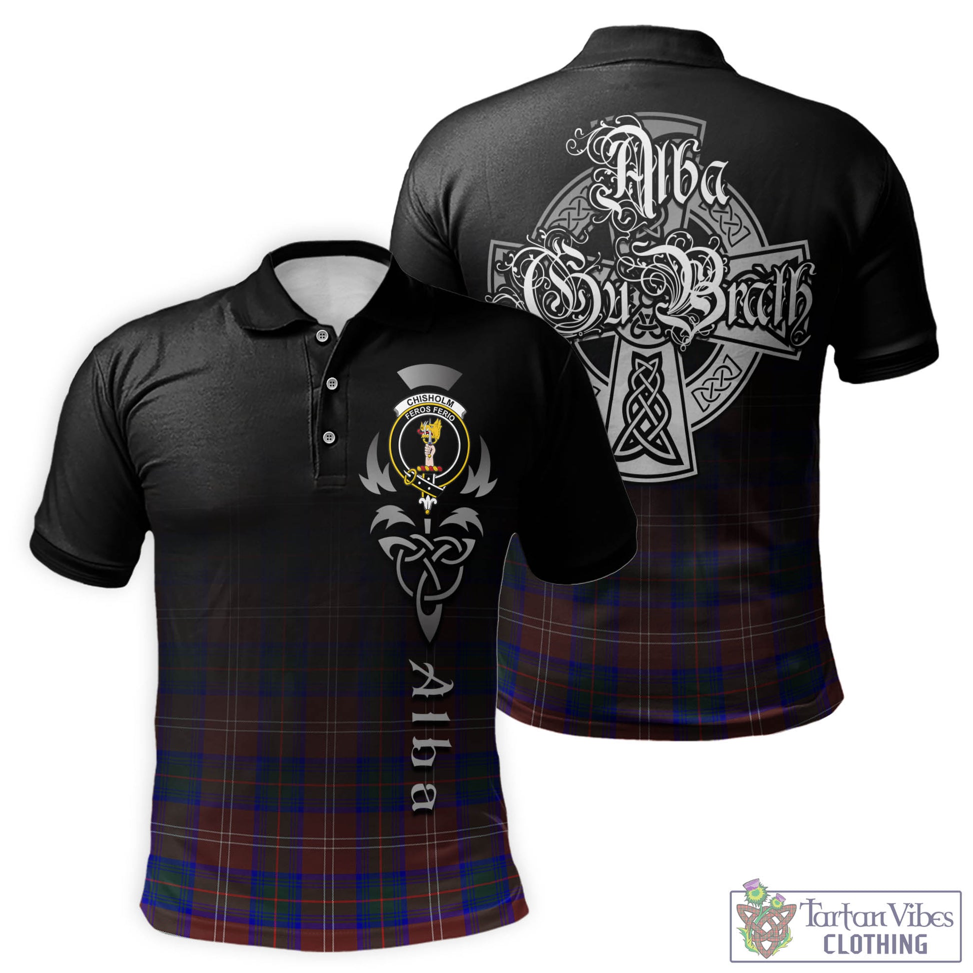 Tartan Vibes Clothing Chisholm Hunting Modern Tartan Polo Shirt Featuring Alba Gu Brath Family Crest Celtic Inspired