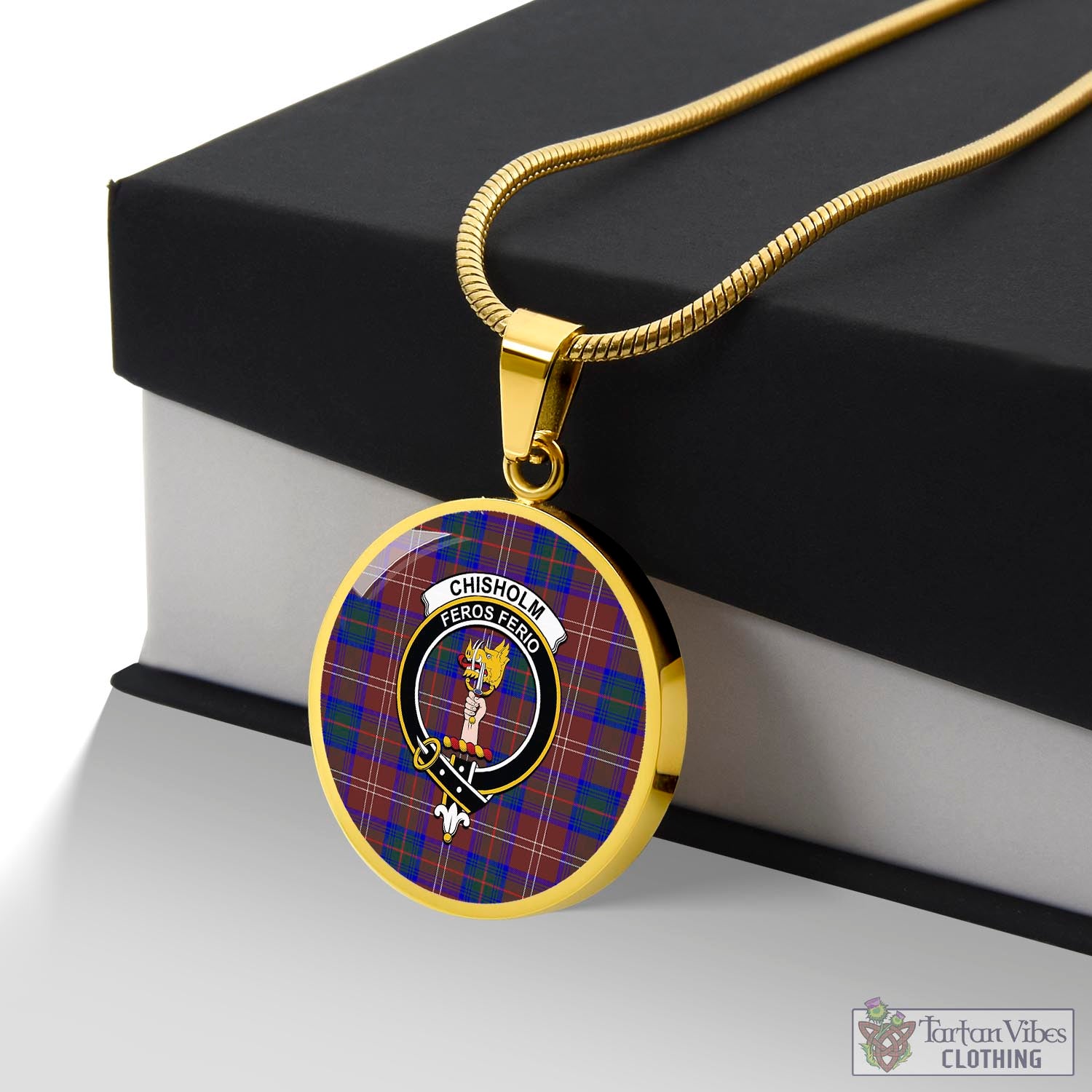 Tartan Vibes Clothing Chisholm Hunting Modern Tartan Circle Necklace with Family Crest