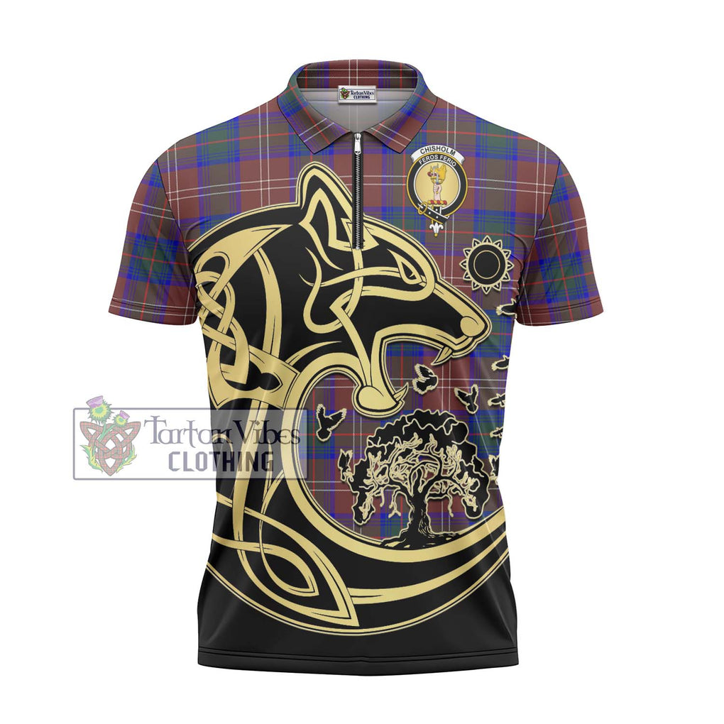 Chisholm Hunting Modern Tartan Zipper Polo Shirt with Family Crest Celtic Wolf Style - Tartanvibesclothing Shop