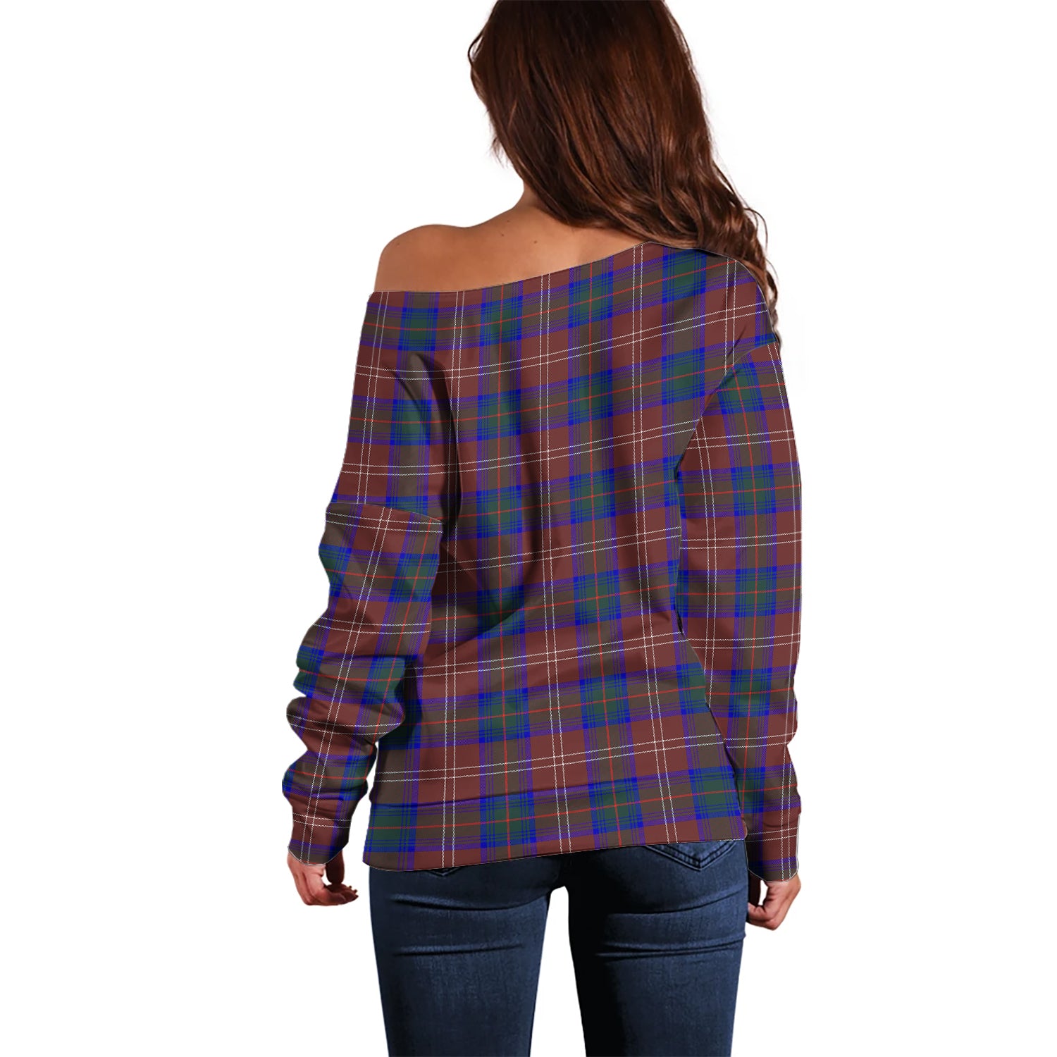 Chisholm Hunting Modern Tartan Off Shoulder Women Sweater with Family Crest - Tartanvibesclothing