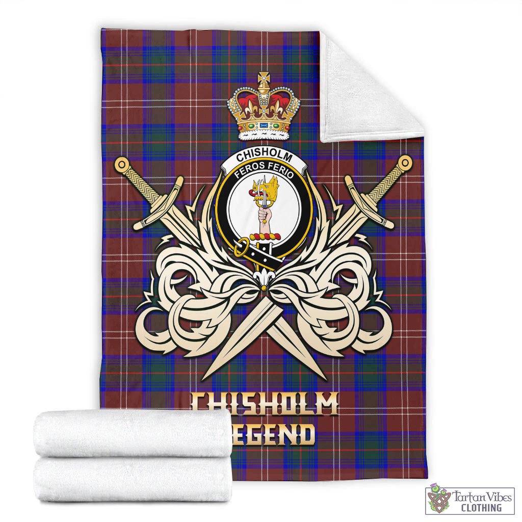 Tartan Vibes Clothing Chisholm Hunting Modern Tartan Blanket with Clan Crest and the Golden Sword of Courageous Legacy