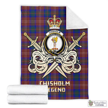 Chisholm Hunting Modern Tartan Blanket with Clan Crest and the Golden Sword of Courageous Legacy