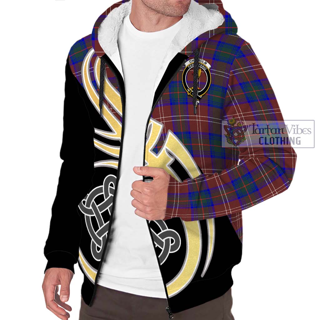 Chisholm Hunting Modern Tartan Sherpa Hoodie with Family Crest and Celtic Symbol Style - Tartan Vibes Clothing