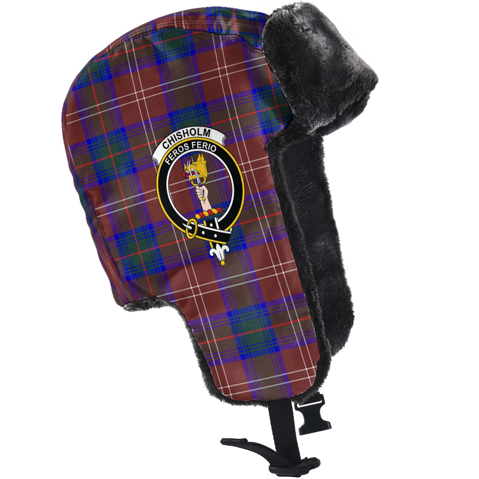 Chisholm Hunting Modern Tartan Winter Trapper Hat with Family Crest - Tartanvibesclothing